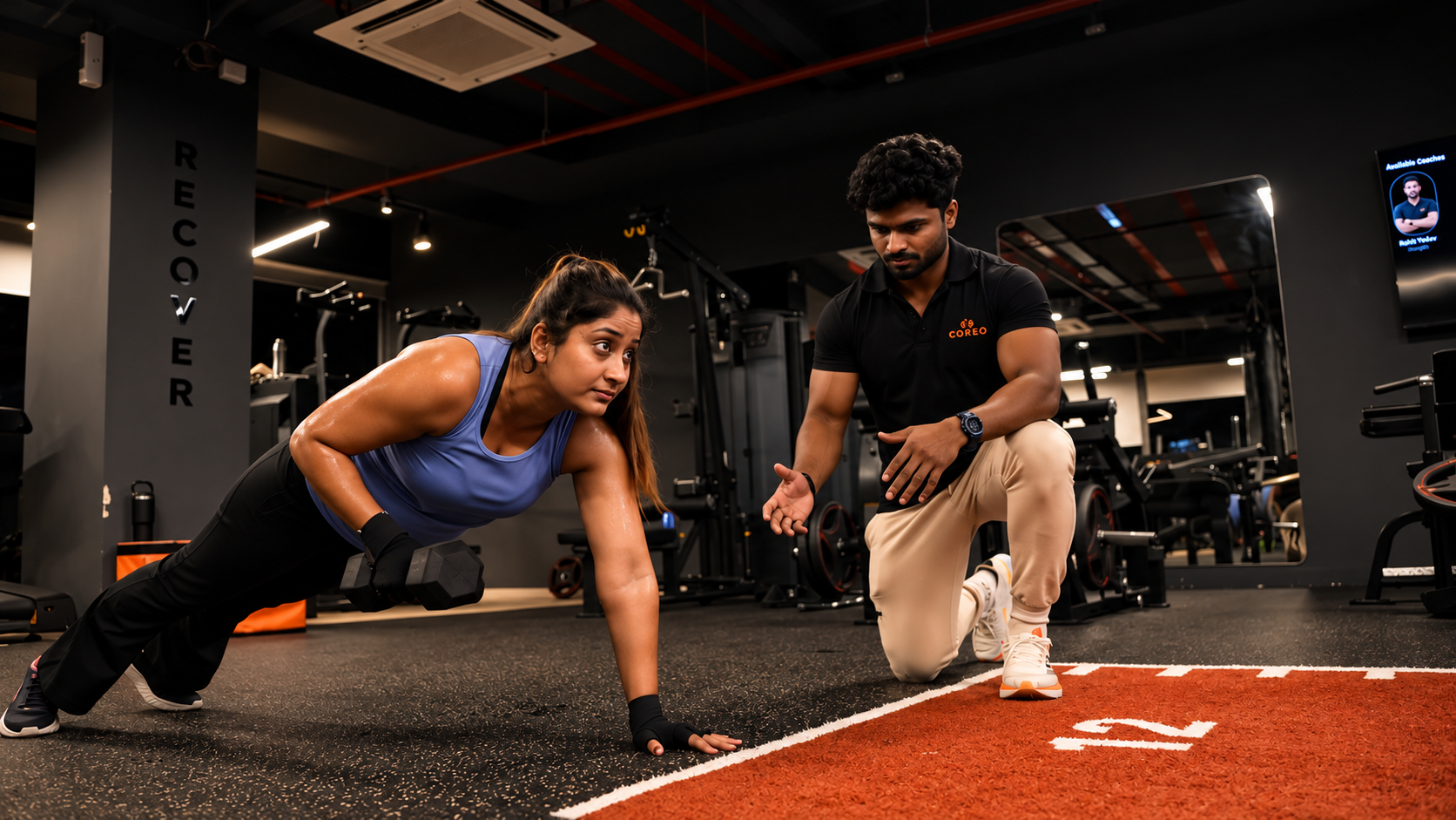 COREO coach guiding a member through a group exercise