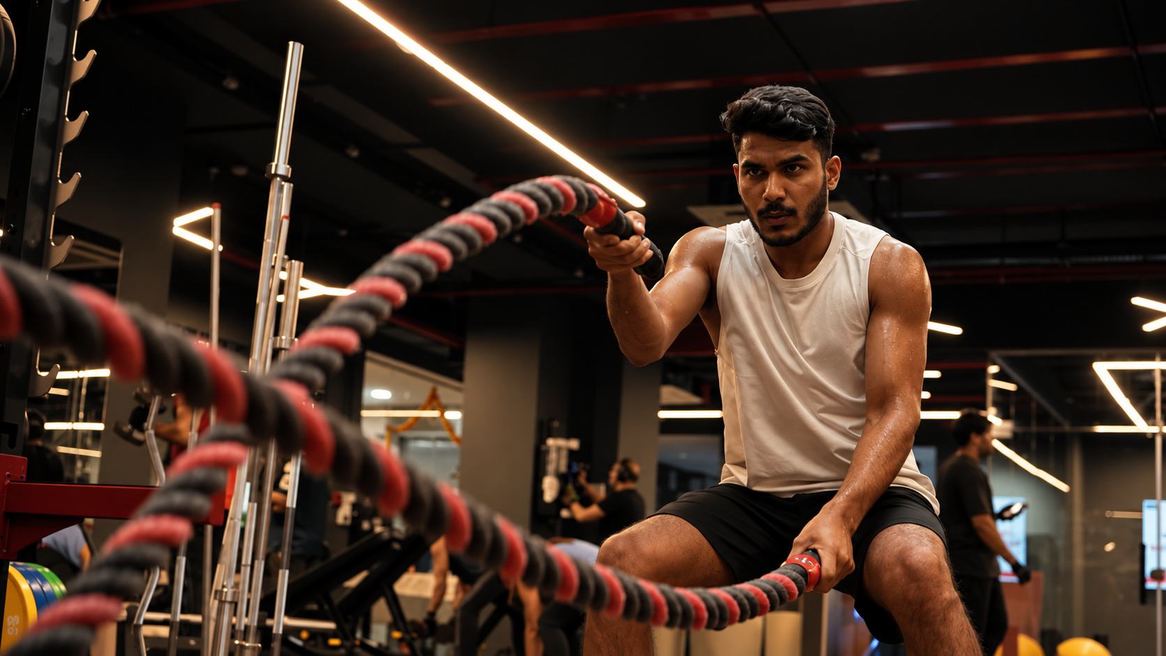 Member training with a battle rope in a group fitness session