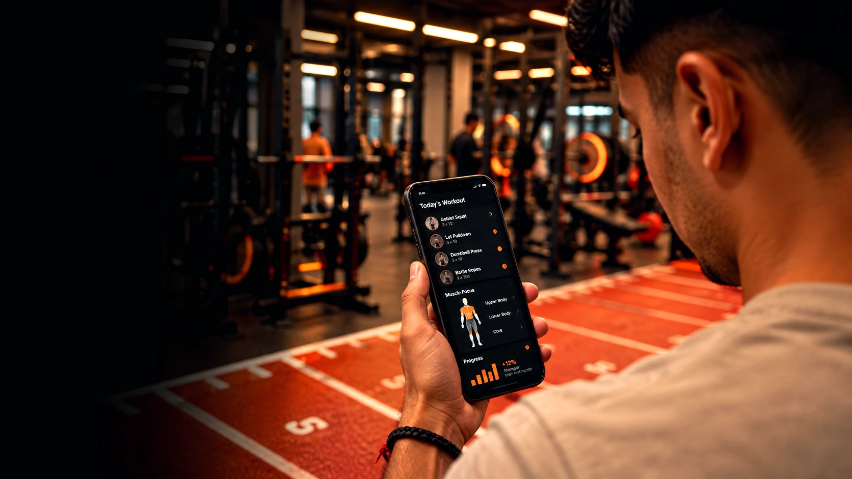 COREO member checking a workout plan on a phone in the gym