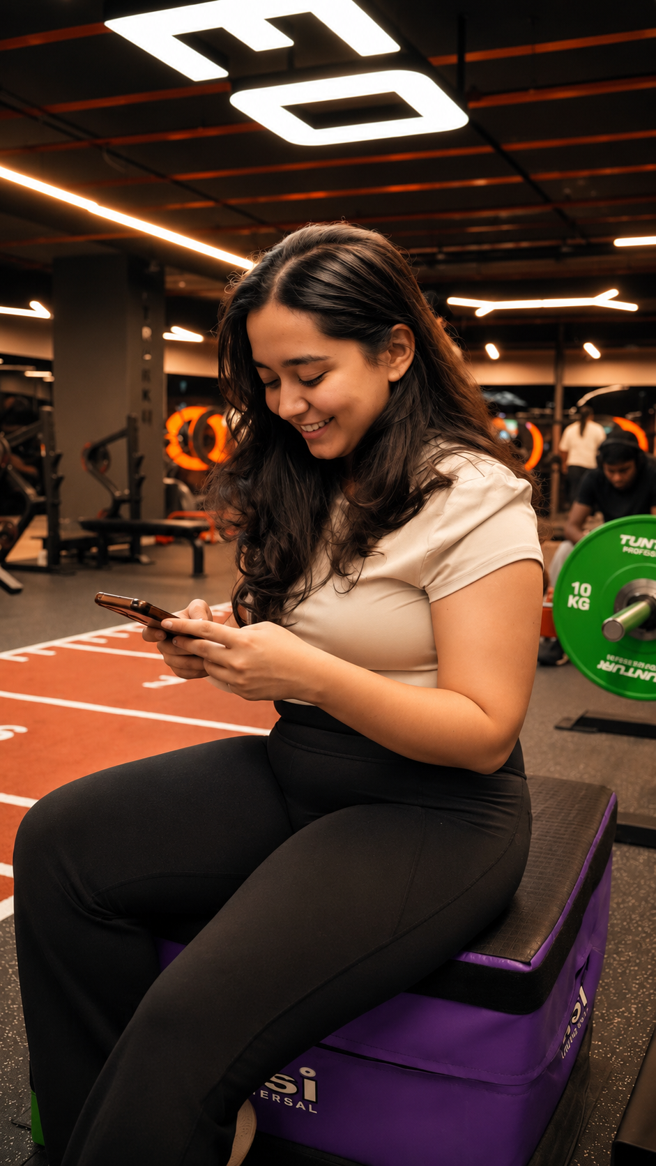 COREO member checking her workout on her phone in the gym