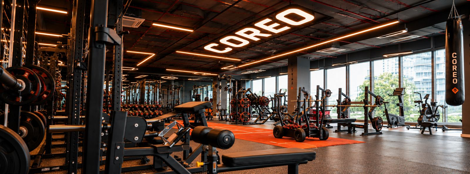 Wide view of COREO strength training equipment and orange track