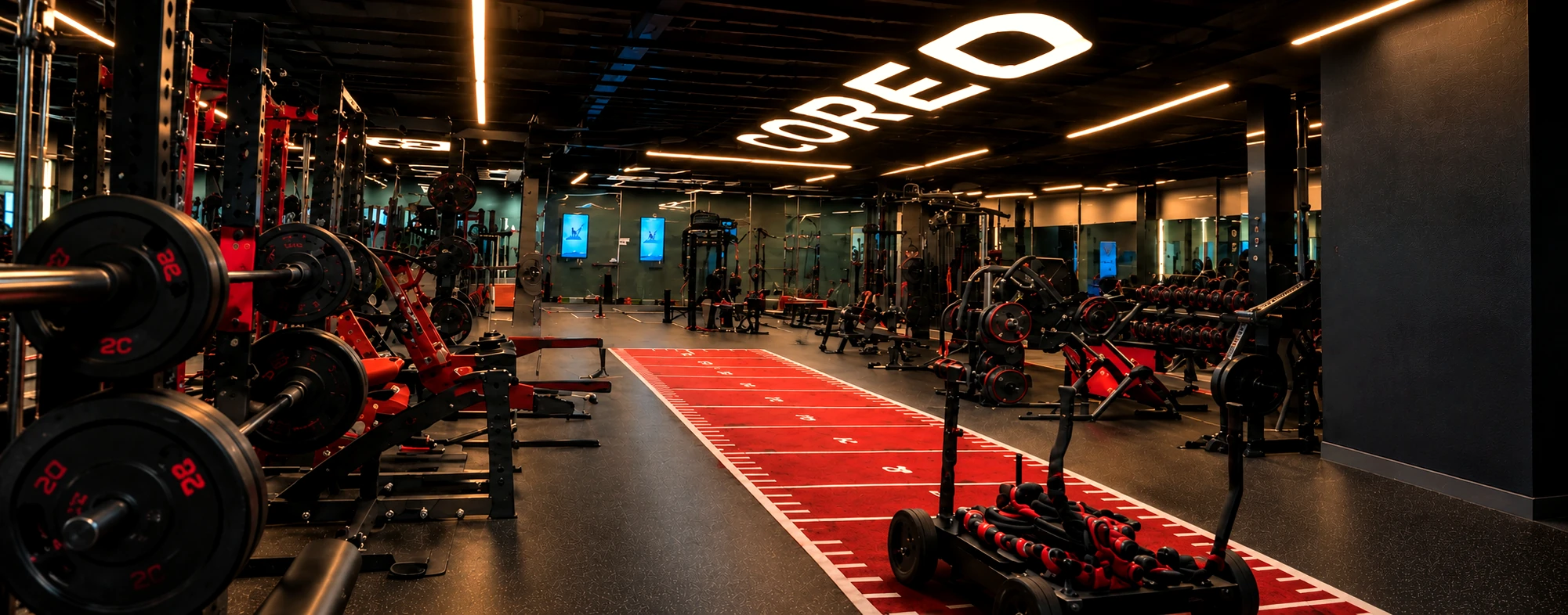 Wide view of the COREO training floor and central orange track